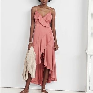 Express Rose Satin Ruffle Wrap MIDI Dress